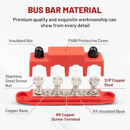RED WOLF Bar Bus 4 x 3/8" Power Distribution Block, 3 x #8(M4) Screws Terminals Max 48V 150A Power Distribution Block Battery Buss Bar with Cover for Marine Automotive Solar Wiring