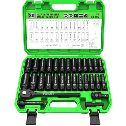 30-Piece 1/2" Drive Impact Socket Set, Standard SAE (3/8-1 inch) and Metric (10-24mm) 6 Point CR-V Steel Deep Socket, Ratchet Handle, 3" & 5" Extension Bar, CR-MO Impact Universal Joint - style: 1/2'' 30PCS