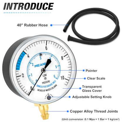 MEANLIN MEASURE 0-10” WC Manifold Gas Pressure Test Kit, Pressure Gauge Kit for Natural Gas or LP Gas with 40" Feet Hose, 1/8” NPT Fitting with Barbed Connection and Hex Bushing - style: 0-10” WC