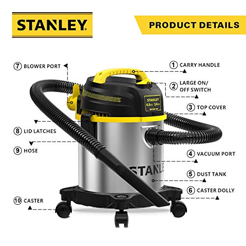 STANLEY 3 Gallon Wet Dry Vacuum, Powerful 4 Peak HP Motor, Portable Stainless Steel 3 in 1 Multifunctional Shop Vacuum with Blower, Model: SL18136 - size: 3 Gallon, 4.0 HP