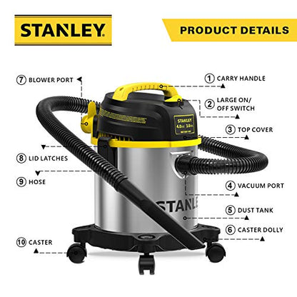 STANLEY 3 Gallon Wet Dry Vacuum, Powerful 4 Peak HP Motor, Portable Stainless Steel 3 in 1 Multifunctional Shop Vacuum with Blower, Model: SL18136 - size: 3 Gallon, 4.0 HP