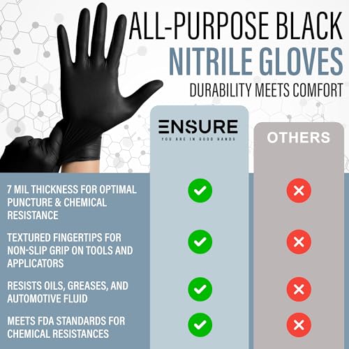 EnSure Black Nitrile Gloves – 7 Mil Heavy-Duty Disposable Gloves, Low Dermatitis, Powder & Latex Free, Puncture & Chemical Resistant for Mechanic, Industrial, Food Service, Medical Use (1000, X-Large) - size: X-Large