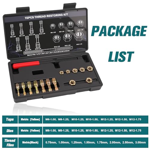 15-Piece Metric Thread Chaser Set, M6 M8 M10 M12 Thread Restorer Tool, Rethreading Repair Kit with Taps, Dies, and Files