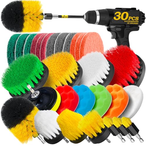 Holikme 30Pack Drill Brush Attachments Set,Scrub Pads & Sponge, Power Scrubber Brush with Extend Long Attachment All Purpose Clean for Grout, Tiles, Sinks, Car Polishing Pads,Bristle Discs - color: Yellow