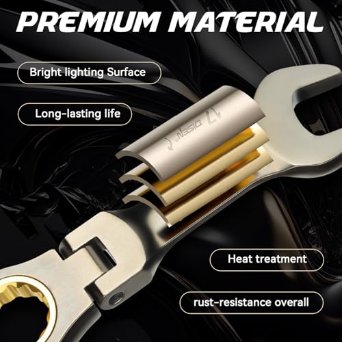 DISEN 9 Piece Flex Head Stubby Ratcheting Wrench Set Metric 90 Tooth | Metric 8-17 mm, CR-V Material, Nickel Plating Finish Combination Ratchet Wrenches Set, Golden Ratchet, with Rolling Pouch