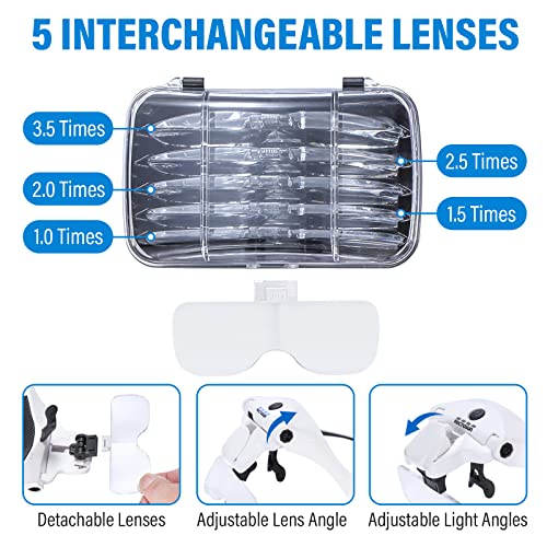 YOCTOSUN Magnifying Glasses with 4 LED Lights, Headband Magnifier with 5 Detachable Lenses 1X, 1.5X, 2X, 2.5X 3.5X -Rechargeable Hands Free Lighted Head Magnifier Glass for Crafts, Cross Stitch, Hobby - color: White