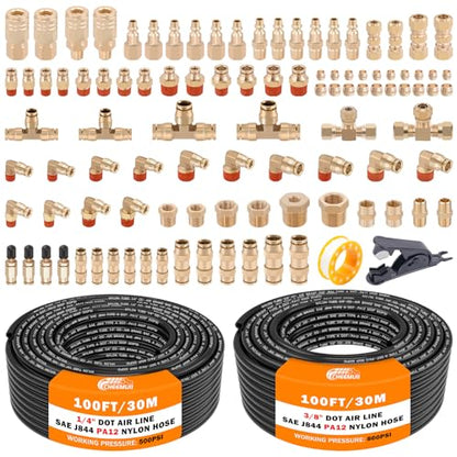 CheeMuii 100 PCS Brass DOT Air Line Fittings with 100FT 1/4" and 100FT 3/8" DOT Air Line Kit Push Lock Air Fitting Quick Connect & NPT Thread Fittings with Pneumatic Tubing - size: 2ROLL-104PCS