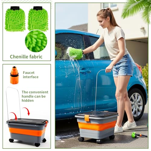 Maxdot Car Wash Bucket with Wheels Lid and Handle, 5.5 Gallon Collapsible Rolling Wash Bucket with 2 Microfiber Mitts for Car Cleaning, Camping, Rv & Pet Bathing