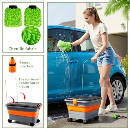 Maxdot Car Wash Bucket with Wheels Lid and Handle, 5.5 Gallon Collapsible Rolling Wash Bucket with 2 Microfiber Mitts for Car Cleaning, Camping, Rv & Pet Bathing