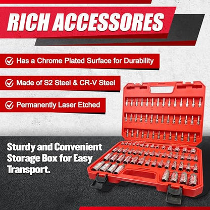 EACELIY 92PCS 1/4” 3/8”and 1/2” Allen and Bit Socket Set,Drive Torx/Tamper Proof Torx/Hex, S2 Steel &CR-V,SAE & Metric - size: 92PCS