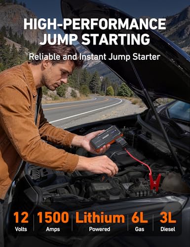 AstroAI S8 Car Battery Jump Starter 1500A – Portable 12V Lithium Jump Box with 3 Mode Flashlight, Power Bank & Smart Jumper Cables - for 6.0L Gas and 3.0L Diesel Engines - color: Orange - 1500A (S8)