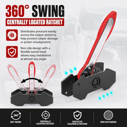 Brake Tools, Brake Caliper Compression Tool,360° Swing Ratchet Switch With Additional 2 pcs Large Steel Plate and 2 Hooks Nylon Grip Work Gloves for Single/Twin/Quad Piston,Car,Truck,SUV(Red)