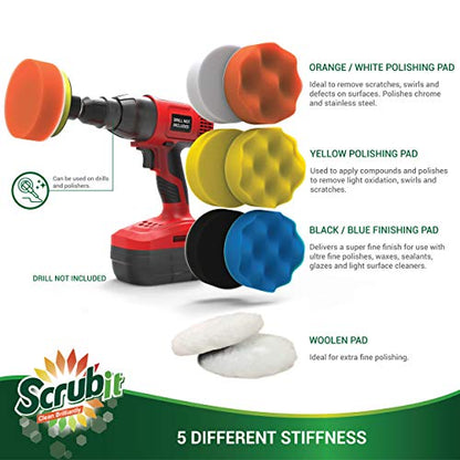 Car Foam Drill Polishing Pad Kit by SCRUBIT – 22 Pack, Includes 16 Detailing Sponges (3 in.), 2 Wool Buffer Pads, 2 Drill Adapters and Suction Cups for Your Vehicle - Waxing and Polisher Set