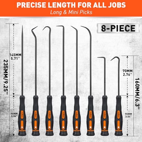 HORUSDY 8-Piece Professional Hook and Pick Set for Automotive Precision Work, Oil Seal Puller, O-Ring & Gasket Removal Tools with Ergonomic Handles for Mechanics, DIY Car Repair (Pack of 2) - size: 8-Piece (Pack of 2)