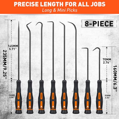 HORUSDY 8-Piece Professional Hook and Pick Set for Automotive Precision Work, Oil Seal Puller, O-Ring & Gasket Removal Tools with Ergonomic Handles for Mechanics, DIY Car Repair (Pack of 2) - size: 8-Piece (Pack of 2)