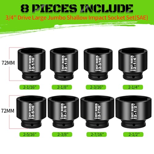 3/4 Drive Stubby Impact Socket Set, 8 PCS Axle Nut Set 12point SAE Standard Sizes 2-1/16, 2-1/8, 2-3/16, 2-1/4, 2-5/16, 2-3/8, 2-7/16, 2-1/2, Heavy Duty Use In Removing And Installing Axle Nuts - size: 3/4 8PCS (2-1/16" to 2-1/2")