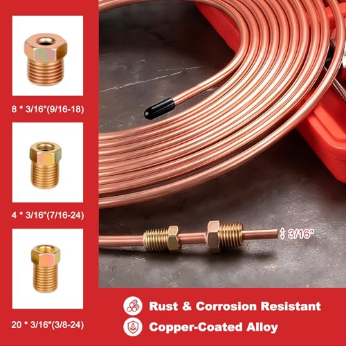25 Ft 3/16" & 1/4" Brake Line Kit, Copper Coated Brake Line Repair Kit with Brake Line Bender, Single & Double Flare Tool Kit, Include 32 Inverted Tube Nut, Deburring Tool