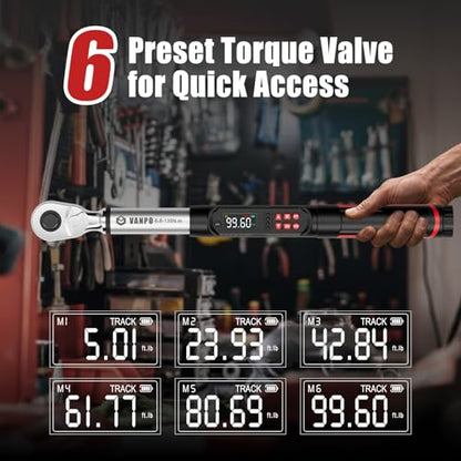 VANPO Digital Torque Wrench 3/8 Inch Drive, 5–99.6 Ft-Lb, for Automotive | High Contrast Backlit LCD, Fast-Adjust Control, Vibration, Buzzer, LED Alert, Electric Torque Wrench for Motorcycle & Bike - size: 3/8-inch 5-99.6 Ft-lb/6.8-135 Nm (Long)