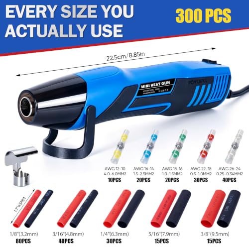 350W Mini Heat Gun Kit with 300pcs Waterproof Solder Seal Wire Connectors & 3:1 Heat Shrink Tubing, Dual-Temp 482°F/752°F (250°C & 400°C) Fast Heating for Automotive, Marine, Wiring Repair 10-26 AWG - size: 300