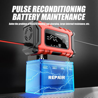 12V 6-Amp Battery Charger, Smart Trickle Charger Maintainer, Battery Repair | Battery Desulfator, Temperature Compensation, Multi-protection for Car Truck Motorcycle Lawn Mower Marine Lead Acid Batteries