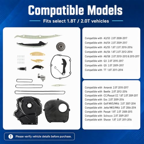 Engine Timing Chain Kit Compatible with A4 A5 A6 Jetta Passat | 2006-2017 Fit, 06K115225C, EA888 1.8T 2.0T, Valve Cover Included, 06H103269H06K109158AD, 06H109210AG
