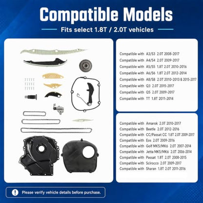Engine Timing Chain Kit Compatible with A4 A5 A6 Jetta Passat | 2006-2017 Fit, 06K115225C, EA888 1.8T 2.0T, Valve Cover Included, 06H103269H06K109158AD, 06H109210AG