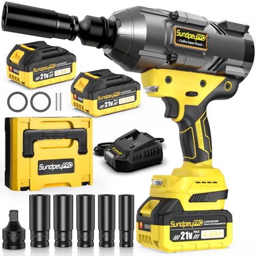 21V Cordless Impact Wrench - 1600Ft-lbs(2100N·m) Heavy Duty High Torque Brushless 3/4 Impact Gun with 2 x 4.0Ah Batteries & Fast Charger 3/4" to 1/2" Adapter & 5 Sockets for Car Industrial