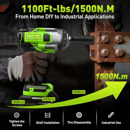 Cordless Impact Wrench 1/2 Inch, Max 1500Nm (1100Ft-lbs) Brushless High Torque Power Impact Gun with 4Ah Battery & Charger for Car Tire, Construction Work, Mower Lug Nut, 4 Sockets - style: 1500N.m with 2 Battery