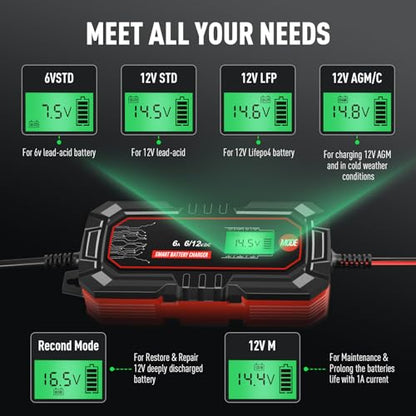 Sailvono 4A Battery Charger, 6V and 12V Smart Trickle Charger, 10-Stages 14.6 Volt LiFePO4 Automatic Battery Maintainer with Supply Mode for Motorcycle Car Lawn Mower Boat Marine Lead Acid Batteries