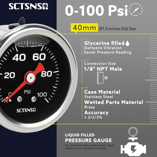 0-100 Psi Fuel Pressure Gauge, 1.5" Black Dial, 1/8" NPT Back Mount, Stainless Steel Case, Glycerin Liquid Filled, Inline Low Pressure Gauge, for Oil Water Air Pressure Test - size: 0-100 Psi, style: Back Mount (Black Dial)