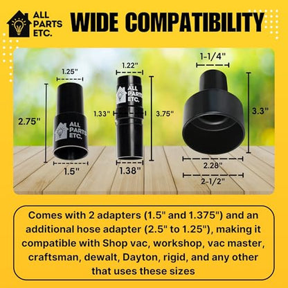 1.25" Flexible Flat Vacuum Crevice Tool/Under Side Refridgerators - 1.5" & 1.37" - 24" Long Hose Adaptor 2.5" to 1.25” Fits Wet Dry Vacuums - Shop Vac, Rigid, Workshop, Vac Master