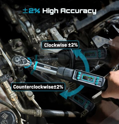 Seesii 3/8" Digital Torque Wrench, ±2% Accuracy, 0–220 N·m/0–162 ft-lbs, LCD Display, Real-Time & Peak Modes, Preset & Data Storage, Dual Alarm, Electric Torque Wrench for Bicycle, Car, Motorcycle