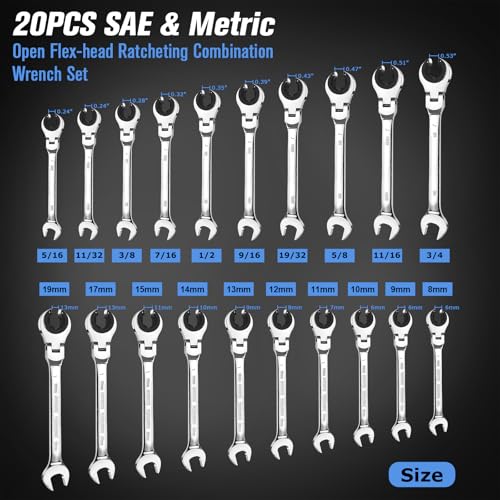 LOSCHEN 20PCS SAE & Metric Ratcheting Combination Wrench Set, with Open Flex-head, Open End Spanner Set with 72-Tooth Gear, CR-V Steel