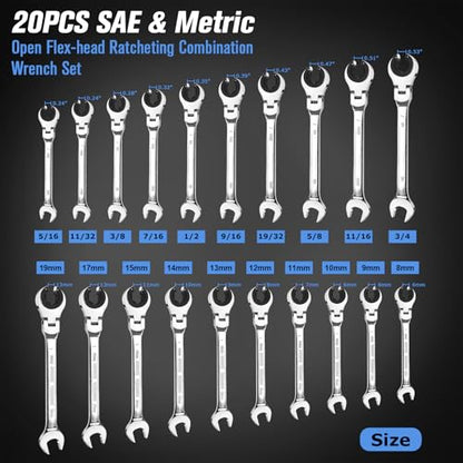 LOSCHEN 20PCS SAE & Metric Ratcheting Combination Wrench Set, with Open Flex-head, Open End Spanner Set with 72-Tooth Gear, CR-V Steel