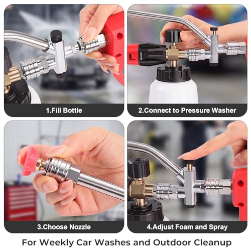 Foam Cannon for Pressure Washer, 5000 Psi, 1L, 6 Nozzles | 2-In-1 Foam And Rinse, Dual Connector, Adjustable Foam Output, 1/4" Quick Connect, Rust-Resistant Build - size: Dual Connector Kit