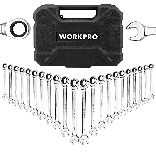 WORKPRO 22-Piece Ratcheting Combination Wrench Set, 72 Teeth, Combo Ratchet Wrenches Set with Organizer Box, Metric 6-18mm & SAE 1/4-3/4" - style: Regular & Polished