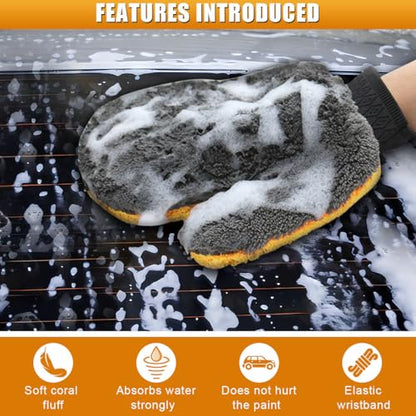 2PCS Car Wash Mitt, Coral Fleece Microfiber Dusting Mitt with Thumb, No Scratch No Lint Cleaning Glove with Elastic Wrist Cuff, Reusable Car Washing and Detailing Supplies (Thumb)