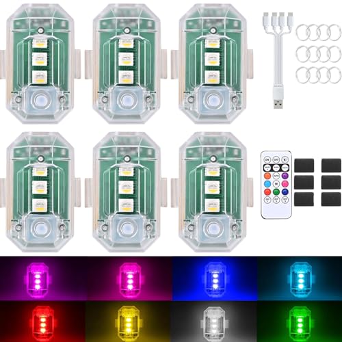 6PCS Wireless LED Strobe Lights with Remote Control, Upgraded to 350 mAh USB Rechargeable 8-Color High Brightness Waterproof Anti-Collision Warning Lights for Car, Motorcycle, Drone, Truck, Bike - color: 8 color - 6pcs