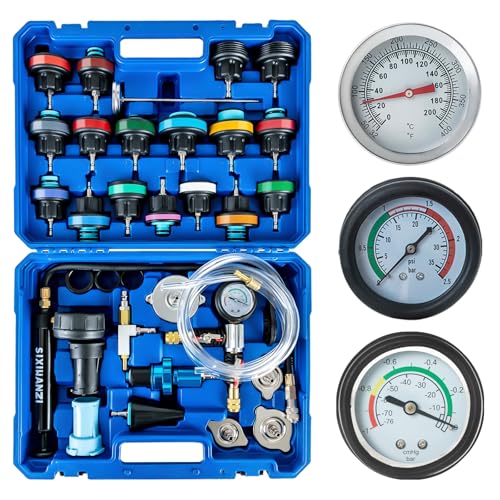 SIXIWANZI 34pc Coolant Pressure Tester and Vacuum Refill Kit with 25 Radiator Adapters, Universal Radiator Pressure Tester Kit for Automotive Cooling System Water Tank Leakage Detection