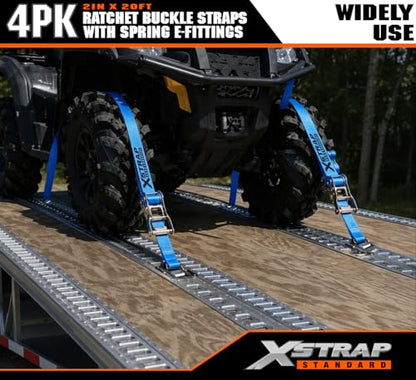 XSTRAP STANDARD 4-PK 2" x 20' E-Track Heavy Duty Ratchet Tie Down Straps | 4,400lbs Break Strength Cargo Securement Straps for Trailers, Trucks, Vans & Motorcycles with Spring Fittings (Blue) - size: Blue-4PK-20FT