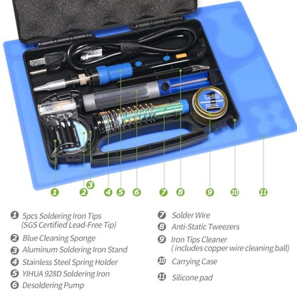 YIHUA 928D Soldering Iron Kit, 65W Soldering Iron, Fully Digital, Display °F/°C, Temperature Control, Accuracy 194~896℉- Soldering Kit with Sleep Function, Temp. Correction Function, Holder &more. - style: Digital Iron Kit