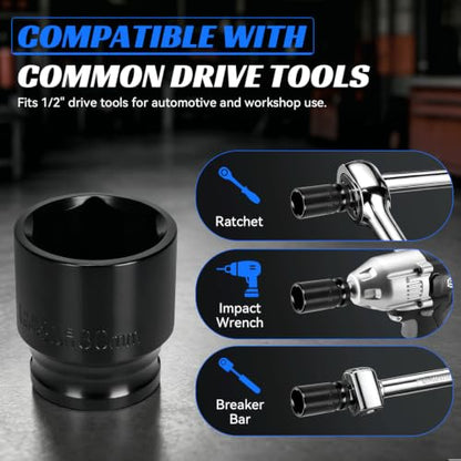 2PCS 30mm Impact Socket 1/2" Drive, 6 Point Metric Shallow Socket, CR-V Steel Heavy Duty Impact Wrench Socket for Automotive Repair - size: 30mm