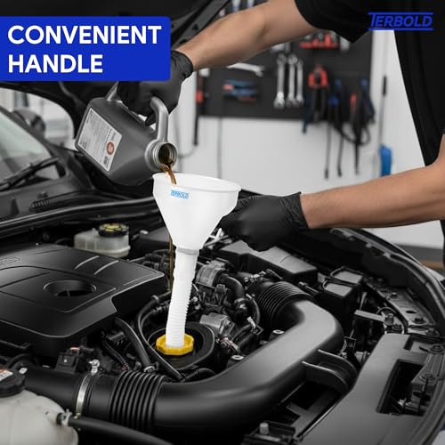 Automotive Flex Funnel with Hose | Wide Mouth Flexible Oil Funnel for Automotive Use - Gas, Transmission Fluid, Car Fuel, Oil Change (White) - color: White