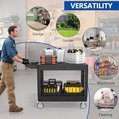 Large Garage Flat Top Utility Cart, Heavy Duty 2 Shelf Tool Cart Service Cart Rolling Push Carts with Ergonomic Handle 5" Swivel Casters - color: Black, size: 46 x 25 Inch