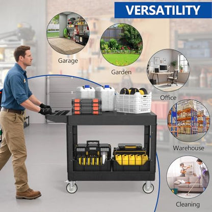 Large Garage Flat Top Utility Cart, Heavy Duty 2 Shelf Tool Cart Service Cart Rolling Push Carts with Ergonomic Handle 5" Swivel Casters - color: Black, size: 46 x 25 Inch