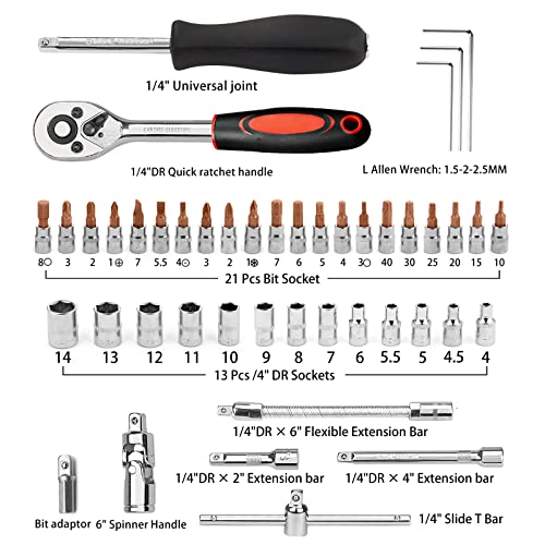 46 PCS Socket Wrench Set, Mechanic Tool Kit Quick-release Ratchet, 1/4" Drive Bit Metric Combination Tools for Auto Repairing & Household with Storage Case