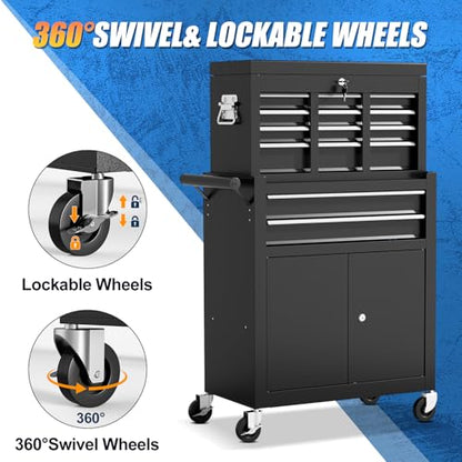 10-Drawer Rolling Tool Chest with Wheels, 2 in 1 Tool Box Rolling Tool Chest Heavy Duty, High-Capacity Mechanic Tool Organizer, Adjustable Shelf & Detachable Top Cabinet, Black - color: Black