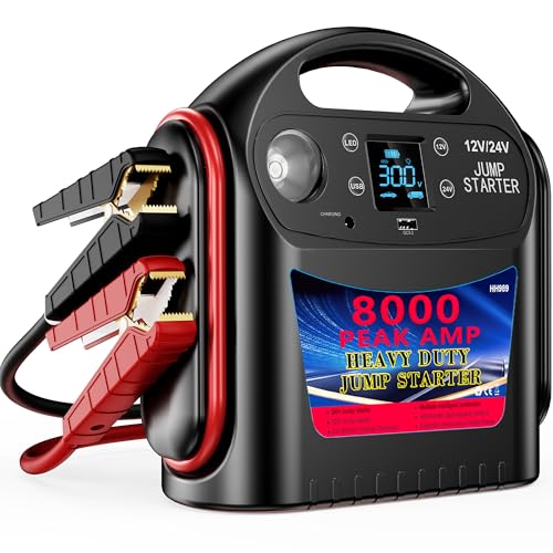 8000A 12V/24V Jump Starter for Large Gas & Diesel Engines, Heavy-Duty Portable Battery Booster Pack for Trucks, RVs & Commercial Vehicles with Force Start, Digital Display, LED Light & USB Charging