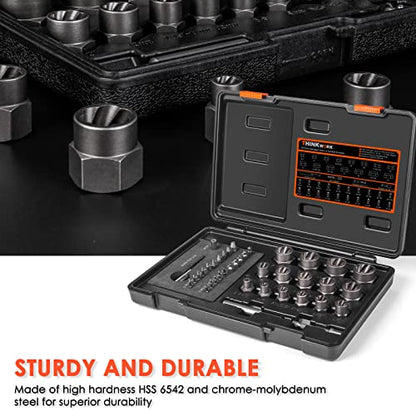 39-Piece Damaged Screw Extractor Set with 3/8" Drive Bolt Extractor Kit | for Damaged, Rusted, Rounded-Off, Stripped Fasteners, 2-21mm, Cr-Mo Steel & HSS 6542, Reverse Spiral Flute, Storage Case