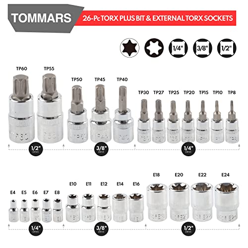TOMMARS 60-Pc Master Torx Bit Socket & External Socket Set | 1/4", 3/8", 1/2" Drive, S2 Steel Bits, CRV Sockets, E4-E24, T6-T70, TT6-TT70, TP8-TP60 - style: Torx Bit Socket and External Torx Socket Set
